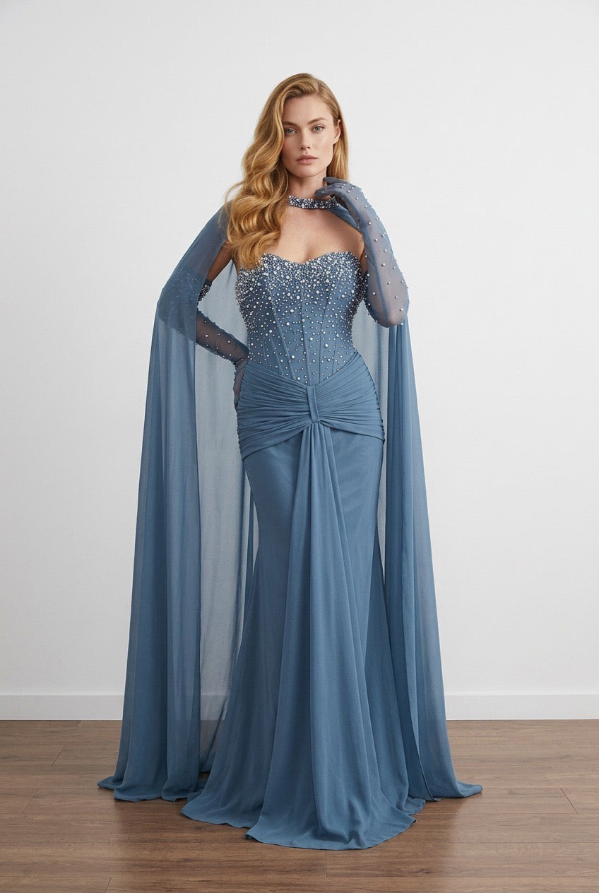 Celeste Crystal Cape Gown