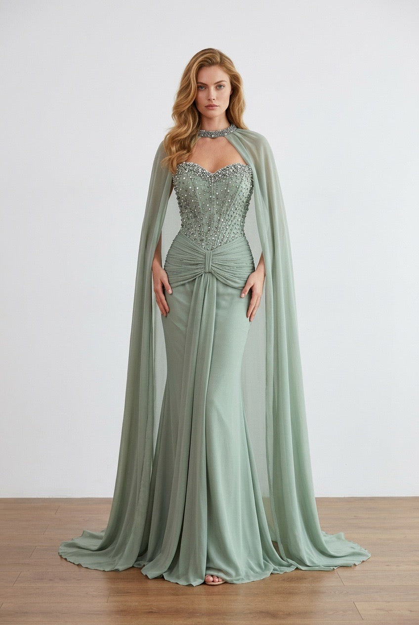 Celeste Crystal Cape Gown